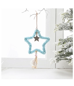 Detail of plush blue star ornament with wooden center, pearls and soft feather pendant