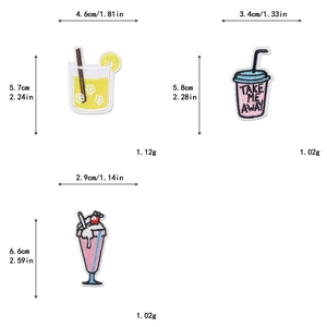 Detailed size measurement chart for drink and sundae shaped embroidered clothing patches