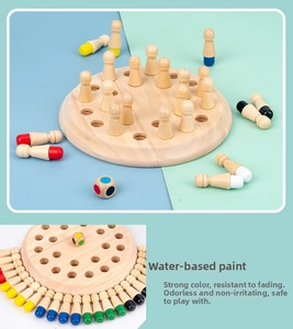 Detail of wooden memory match chess set with colorful pieces and round board