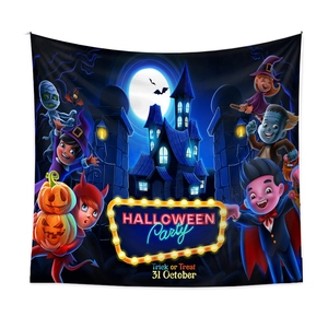 Detailed fabric texture of Halloween tapestry featuring cartoon ghosts and pumpkin lights