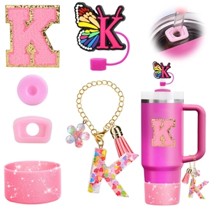 Pink Stanley cup accessories set with letter K charm glitter boot and butterfly straw cover