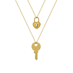 French style 18k gold plated stainless steel heart lock and key pendant necklace set