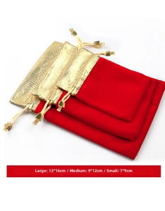 Three red velvet drawstring pouches with gold trim showing large, medium, and small sizes