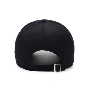 Rear view of black cotton baseball cap showing adjustable silver metal buckle on white background
