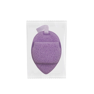 Purple teardrop cleansing sponge with hanging rope in individual plastic bag