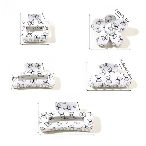 Detailed size and weight specs for five white butterfly print acrylic hair claw clips
