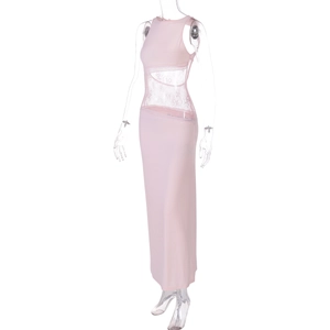Detailed pink sleeveless long dress with sheer lace patchwork and backless design