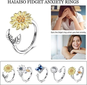 Fidget rings for anxiety with rotating sunflower and butterfly charms in silver finish