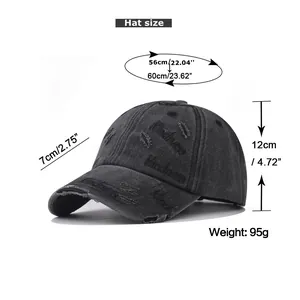 Detailed size chart for washed distressed baseball cap showing dimensions in cm and inches