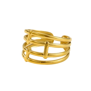 Detail of multi-layer hollow golden ring with adjustable open design and geometric frame