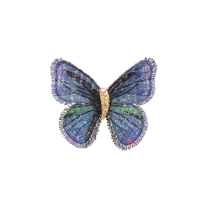 Elegant butterfly brooch with blue and green embroidery and golden metallic body