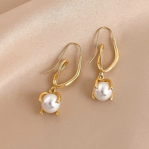 Alloy Geometric Twisted Line Ear Hook Earrings With Artificial Pearl Pendant And Silver Earring Post For Women Elegant Chic
