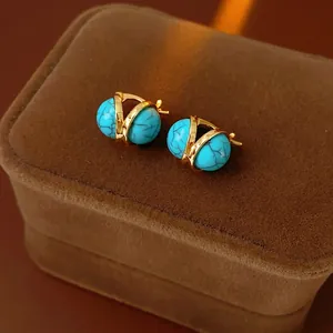 Boucles D'oreilles Créoles Vintage Doré Cuivre Avec Résine Marbre Bleu Style Turquoise Et Tige En Argent Pour Femmes