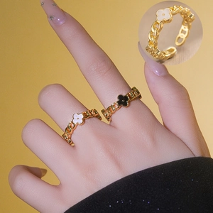 Four Leaf Clover Open Ring Gold Plated Copper Shell Flower Adjustable Cuban Chain Band Fashion Jewelry For Women