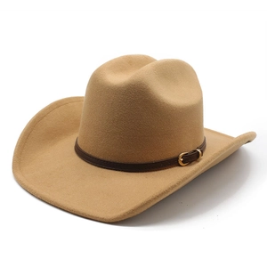 Detail of khaki felt cowboy hat featuring a brown leather band and gold buckle