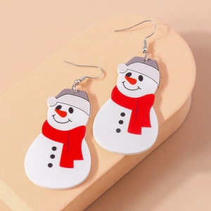 Macro shot of cute snowman earrings with red scarf and silver hooks on display