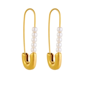 Golden safety pin hoop earrings with white pearls for women on white background