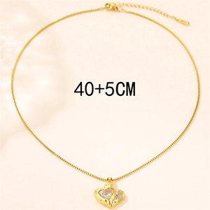 18K gold plated stainless steel heart necklace with cubic zirconia, 40+5cm length