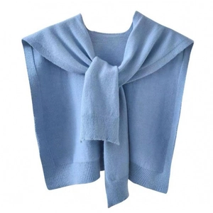 Light blue core spun yarn knitted shawl wrap with knotted front for women outfits