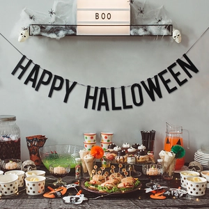 Halloween party decoration set with Happy Halloween banner and white BOO light box