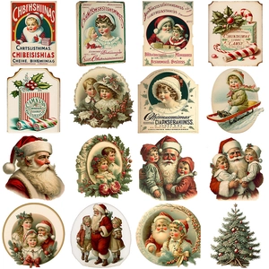 Vintage Christmas stickers collection featuring 16 retro holiday illustrations on white background