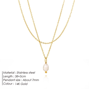 Double-layer stainless steel necklace with white teardrop pearl pendant in 14K gold