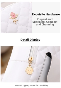 Detail showing the white quilted faux leather texture with a pink rose metal ornament