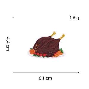 Thanksgiving turkey embroidery patch with size measurements 6.1 x 4.4 cm and weight 1.6g