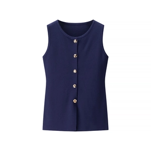Detail of navy blue sleeveless knit vest with round neck and five golden buttons