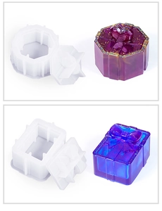Detail view of square and hexagonal silicone molds with finished glitter resin gift boxes