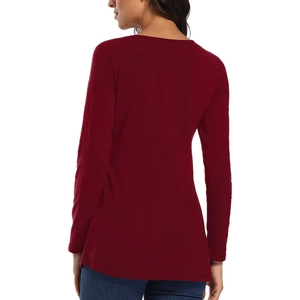 Burgundy long sleeve nursing top for women, casual cotton maternity T-shirt back view