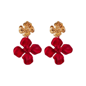 Elegant gold and red velvet flower stud earrings for women in a vintage floral design