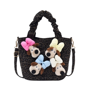 Leopard print canvas handbag with cute plush puppy charms and ruched handles for girls