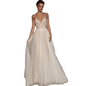 Elegant white lace wedding dress with V-neck straps and layered tulle A-line skirt