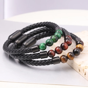 Bracciale da uomo in pelle intrecciata nera con occhio di tigre e chiusura magnetica