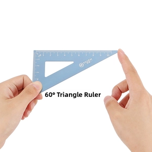 Detailed view of light blue 60 degree triangle ruler with 10cm metric scale markings