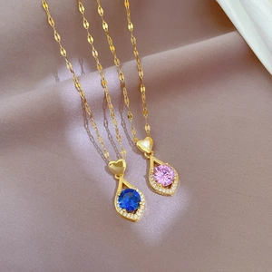Collier En Acier Inoxydable Maillon Coeur Avec Pendentif En Cuivre Zircon Goutte D'eau Pour Femmes Bijoux De Luxe