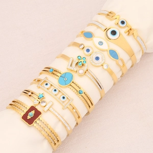 Evil Eye Bangle Stainless Steel Gold Plated Rhinestone Enamel Bracelet Fashion Women Jewelry Trendy Accessory