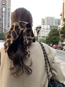 Close-up of a leopard print fabric hair scrunchie tied on a high ponytail in a street setting