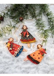 Detailed view of hand-painted wooden Christmas angel ornaments with hanging strings