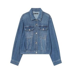 Women Long Sleeve Denim Jacket Cotton Blend Lapel Collar Button Up Casual Short Outerwear Fashion Blue