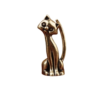 Vintage bronze long-neck cat figurine, artistic metal animal statue for desk decoration