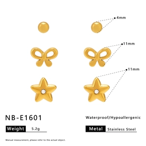 Detail showing waterproof 18K gold plated stainless steel bow and star stud earrings set