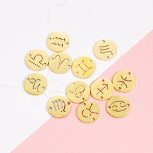 Set of 12 gold mirror stainless steel zodiac sign charms with double holes for DIY jewelry