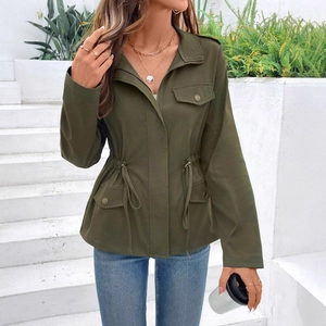Olive green drawstring waist utility jacket for women with long sleeves and front pockets