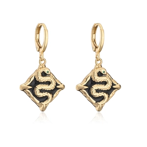 Detail of 18K gold-plated rhombus earrings with black enamel and gold snake motif