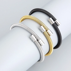 Three-color mesh woven stainless steel elastic bracelets in silver, gold, and black