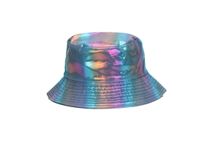 Detail of reflective holographic bucket hat showing reinforced multi-row brim stitching