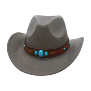 Detail of grey felt cowboy hat with brown leather band and turquoise stone studs