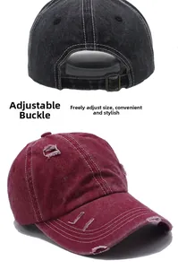 Dettaglio della fibbia in metallo su cappello denim vintage con bordi sfrangiati